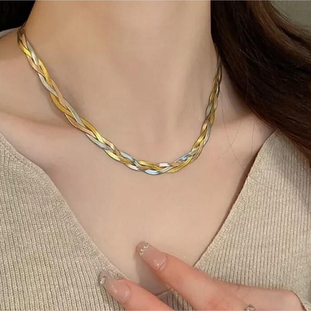 Stainless Steel Necklace Herringbone braided Tri-Colour Flat snake Chain 2 Pcs. - Picture 3 of 15